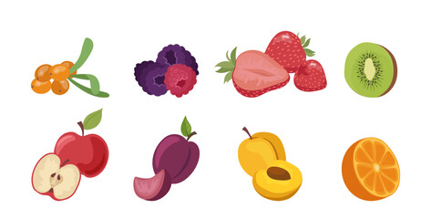 Different fresh ripe organic natural fruits and berries cartoon set isolated on white background
