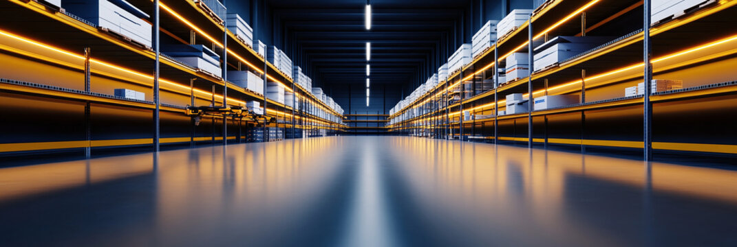high-end top tier dropshipping warehouse, wide horizontal banner