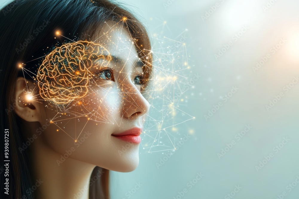 Poster profile of a woman with fiery neural patterns symbolizing intense focus and the power of thought in 