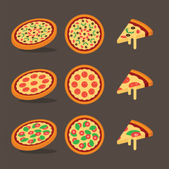 Set of different pizzas top view set, slice of pizza isolated on white background, pesto pizza, pepperoni pizza, vegetable, Italian pizza, isolated set collection, simple flat vector illustrations.