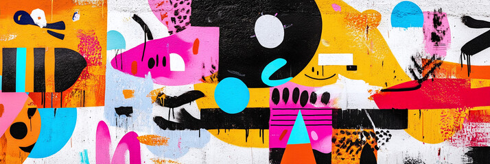 bright colorful abstract graffiti wall art, super wide banner