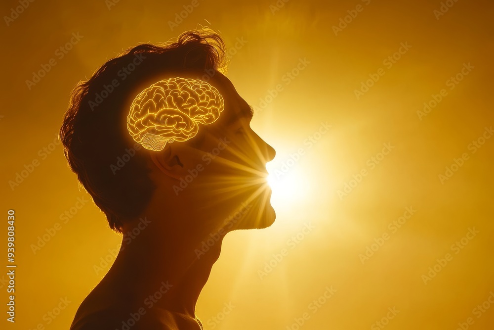 Poster silhouette of a man with a glowing brain symbolizing intellect and the power of thought in a bright 