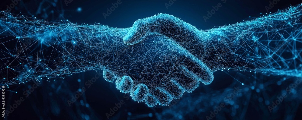 Aufkleber digital handshake composed of interconnected lines representing business agreement and technology in