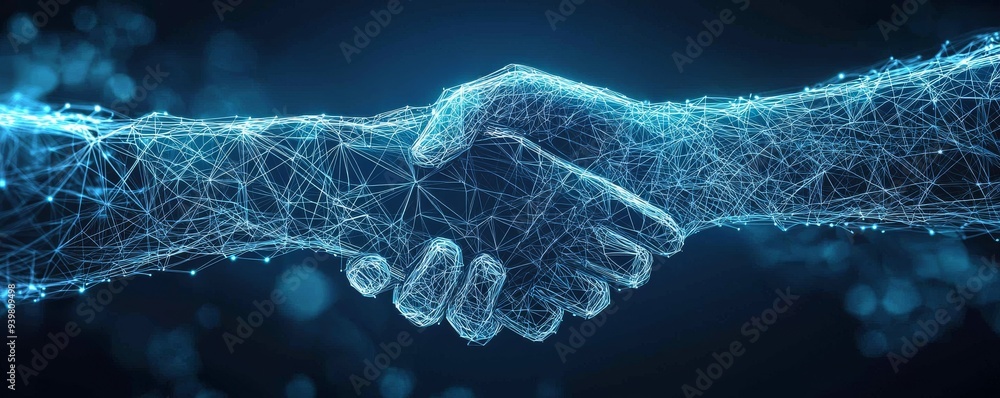 Poster digital networking and handshake concept with interconnected dots and lines