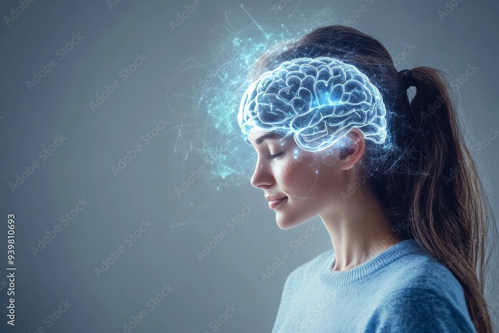 Aufkleber woman with illuminated brain hologram representing modern neuroscience cognitive research and brainw