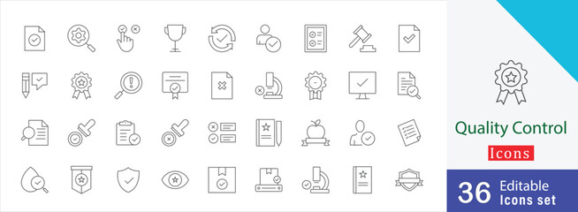 Quality Control editable line stroke icon style. containing testing, verification, validation, process control, quality management, defect detection and more icon collection 
