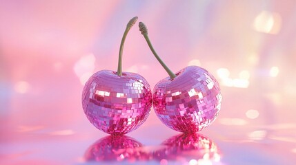 A pair of pink cherries made from disco balls, set against a pastel background, in the style of hyper-realistic photography