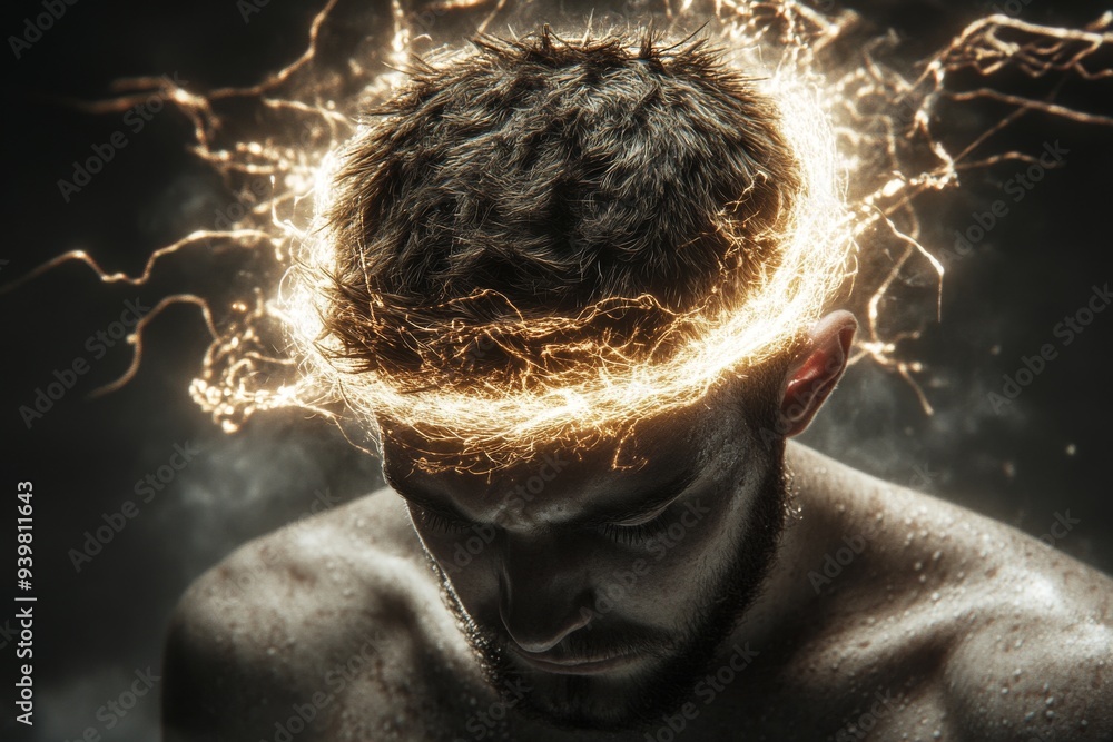 Poster man with a crown of electrical energy symbolizing power control and the intense concentration requir