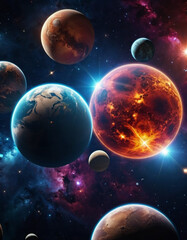 Fototapeta premium Planetary system with multiple planets, large brightly colored gas giant and a rocky planet. Bright stars and a vast expanse of dark space with a galaxy in background. Space spaces. Cosmonautics. AI