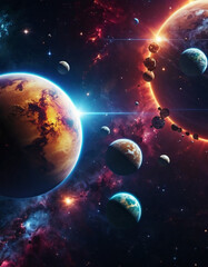 Planetary system with multiple planets, large brightly colored gas giant and a rocky planet. Bright stars and a vast expanse of dark space with a galaxy in background. Space spaces. Cosmonautics. AI