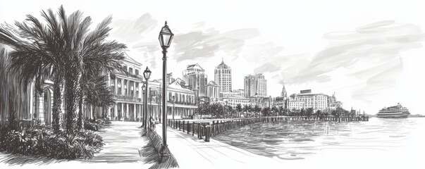 Fototapeta premium Hand Drawn Sketch of Cityscape with Palm Trees, Ink and Watercolor, Black and White, Urban Landscape, city sketch, cityscape, waterfront