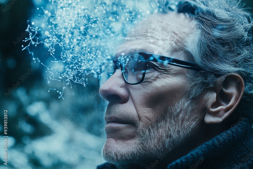 Poster elderly man in a cold ethereal setting reflecting on life memory and the passage of time captured in