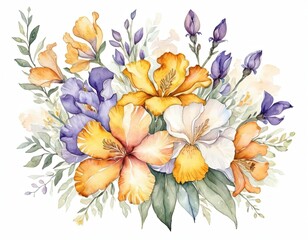Obraz premium Watercolor painting of yellow, white, and purple flowers with green leaves on white background.