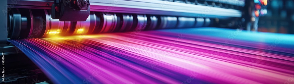 Poster vibrant printing process showcasing colorful ink patterns on a modern printing machine.
