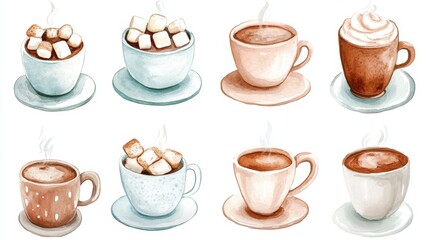 Fototapeta premium Hot cacao and marshmallows. White background. Watercolor illustrations set