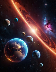 Obraz premium Planetary system with multiple planets, large brightly colored gas giant and a rocky planet. Bright stars and a vast expanse of dark space with a galaxy in background. Space spaces. Cosmonautics. AI