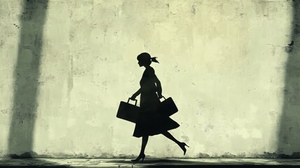 Silhouette of a Woman Walking with Suitcases Against a Textured Wall, Silhouette, Woman, Suitcases