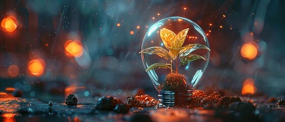 A futuristic light bulb containing a holographic green plant and a glowing core 