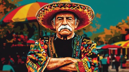 Fototapeta premium The Colorful Gaze of a Mexican Man, Portrait, Sombrero, Vibrant , Mexico, Latin America