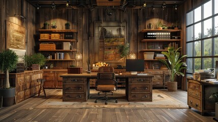 A farm-themed office with rustic decor, barn-inspired furniture, and natural elements.