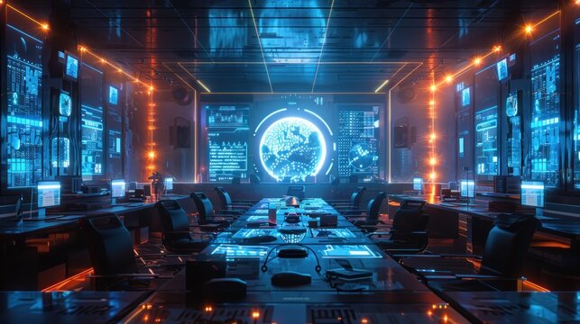 A high-tech coworking space with holographic projectors and futuristic design elements.