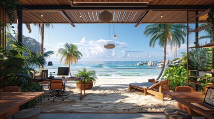 An open-air beachfront office with sand floors and ocean views.