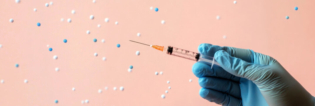 Horizontal banner. National Influenza Vaccination Week. Hand in medical glove with syringe on pink background. National Immunization Awareness Month. Immunization and vaccination. Free space for text