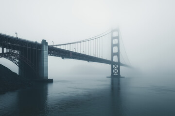 Obraz premium Landscape view of bridge in foggy view across the river, Bridge in the dark vibe with with foggy. 
