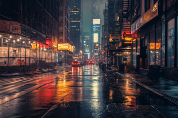 Fototapeta premium Walking street with chinese lantern in the rain, Landscape view nightlife walking street with puddle, China town with warm light lantern decorative.