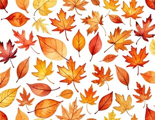 Obraz premium Watercolor seamless pattern with autumn leaves. Colorful fall foliage in orange, yellow, red, and brown tones on a white background.