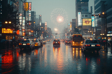 Fototapeta premium Walking street with chinese lantern in the rain, Landscape view nightlife walking street with puddle, China town with warm light lantern decorative, Jam traffic walking street in raining.