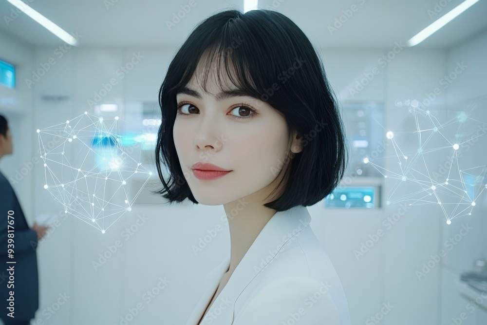 Poster woman in a futuristic setting surrounded by neural networks symbolizing the integration of human int