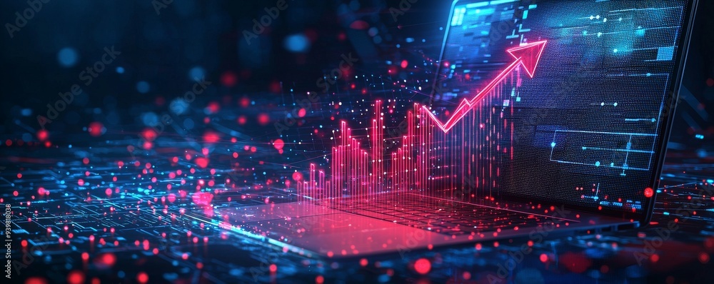 Poster digital stock market analysis on laptop with red data visualization and sparkles