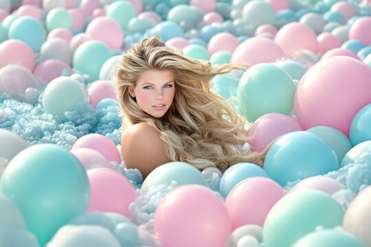 Radiant Woman in Pastel Bubble Bath – Mesmerizing Beauty Amidst Soft Pink, Blue, and Mint Balloons
