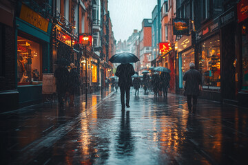 Walking street with chinese lantern in the rain, Landscape view nightlife walking street with puddle, China town with warm light lantern decorative, Walking street in raining.