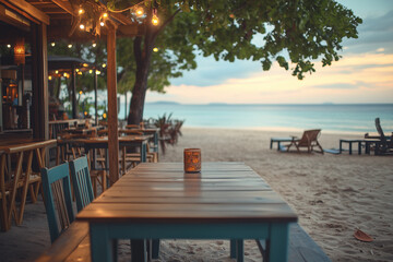 Nice view cafe near the beach with warm light lamp, Landscape view of beach side restaurant with cozy vibe and relax.