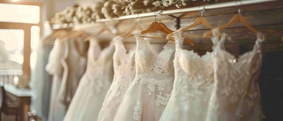 Elegant white wedding dresses hanging on hangers in luxury bridal shop boutique salon