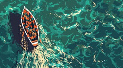 International Migrants Day. Horizontal banner. Free space for text. Flat illustration. Boat with refugees in the sea. Problems of wars and poverty. Immigration concept