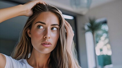 Fototapeta premium A thoughtful young woman with long hair touches her head, looking pensive, standing indoors near a large window. 