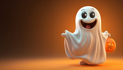 Happy Ghost Holding a Glowing Jack-o'-Lantern in a Warm Orange Glow. Charming and Playful Halloween Illustration, Perfect for Holiday Decor and Seasonal Celebrations. Festive banner, postcard