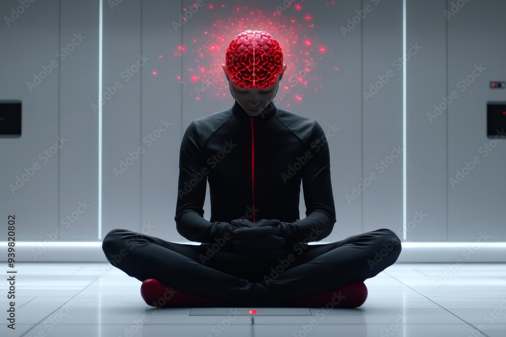 Poster mysterious figure meditating with a red glowing brain symbolizing the fusion of consciousness energy