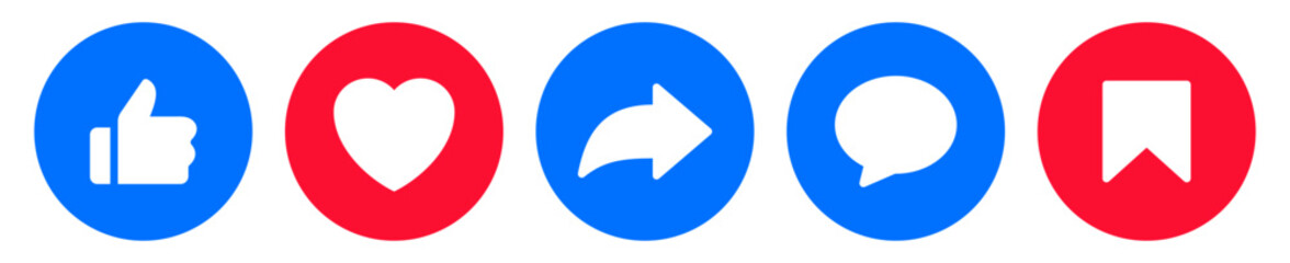Like, comment, share icon buttons and Thumbs up and love heart flat icon , Social media notification icons. emoji post reactions - Add to favorite icon set. Vector illustration