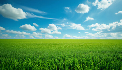 A wide-angle view of a lush, green field stretching into the distance, under a bright blue sky