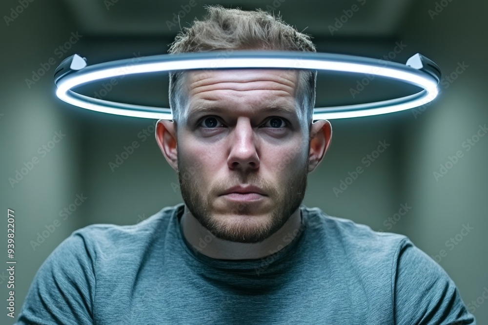 Poster man with a futuristic halo surrounding his head representing the concept of cognitive enhancement ad