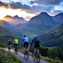 Fototapeta premium A group of four cyclists riding through a rugged mountain trail during golden hour, with scenic vistas of valleys and peaks