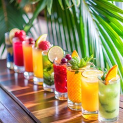 Fototapeta premium a colorful assortment of refreshing drinks in glasses with fruits and herbs, displayed on a wooden surface with lush green foliage in the background.