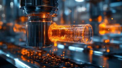 Close-up of CNC machine processing metal with glowing orange precision, highlighting advanced manufacturing technology and high-precision engineering.