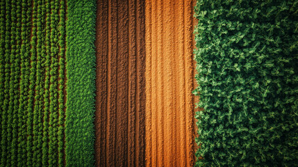 Aerial shot of lush green and freshly tilled brown crop fields arranged in neat rows, representing agricultural diversity and land cultivation.
