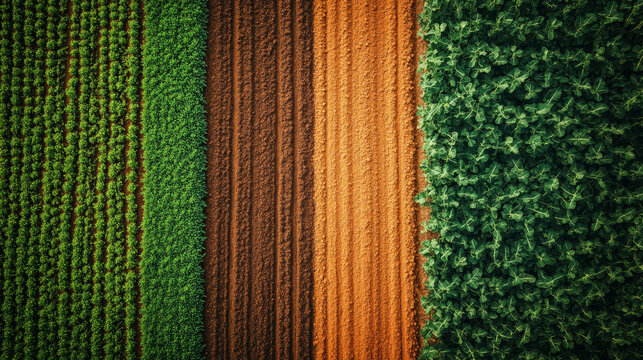 Aerial shot of lush green and freshly tilled brown crop fields arranged in neat rows, representing agricultural diversity and land cultivation.