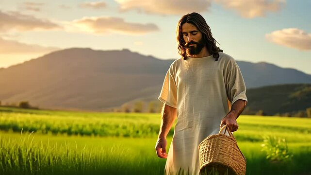 A serene Middle-Eastern Jesus Christ sowing seeds in a verdant valley.